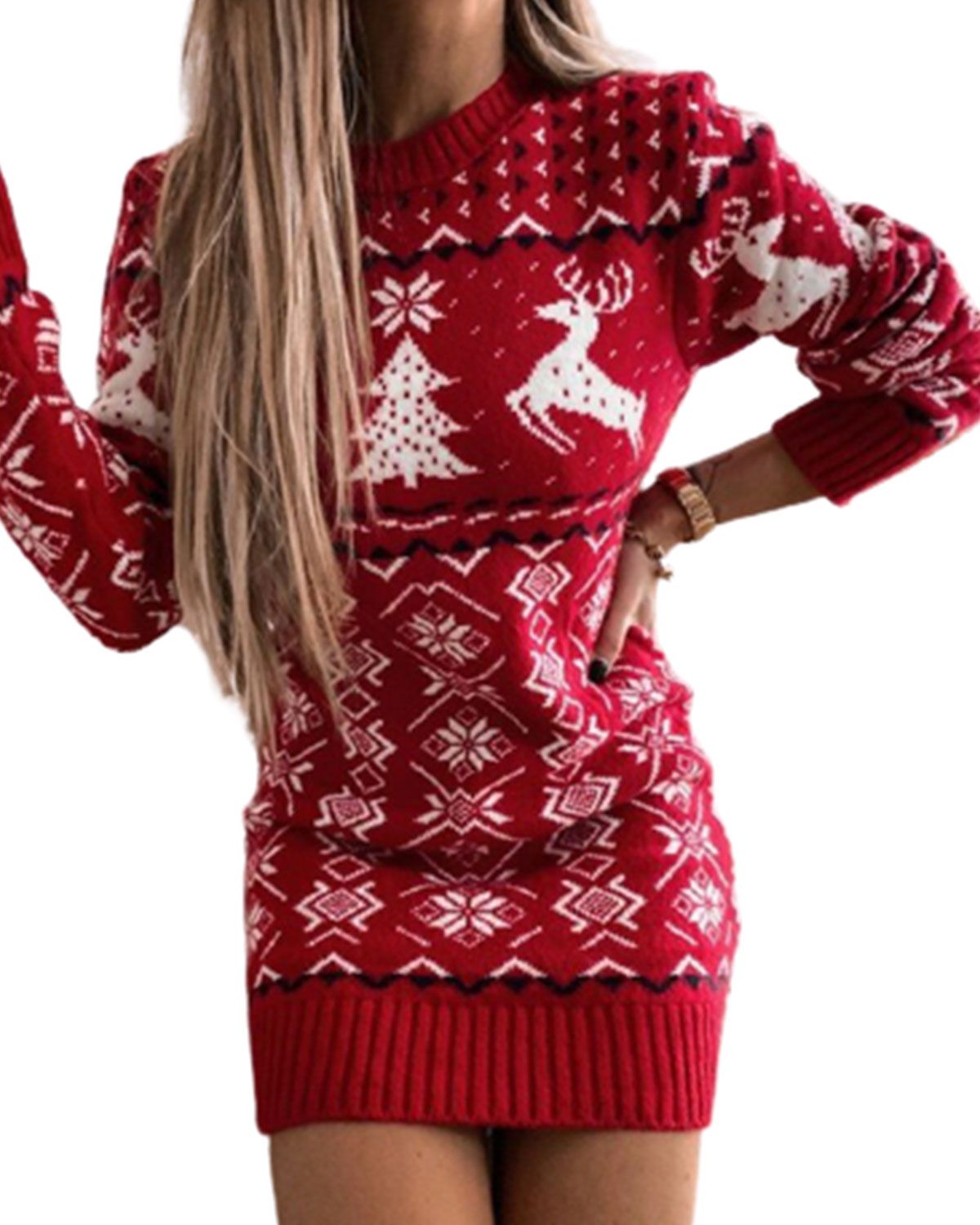 OUGES Women Christmas Theme Knit Sweater Long-sleeved Dress Slim Fit With Elk Snowflower Pattern ... | Walmart (US)