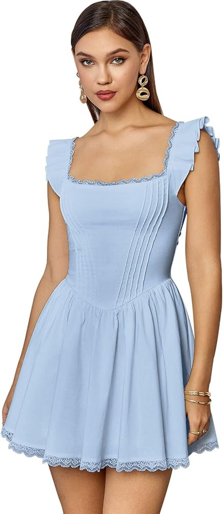 GLNEGE Women's Square Neck Mini Corset Dress Short Ruffle Sleeve A Line Cute Trendy Party Dresses | Amazon (US)