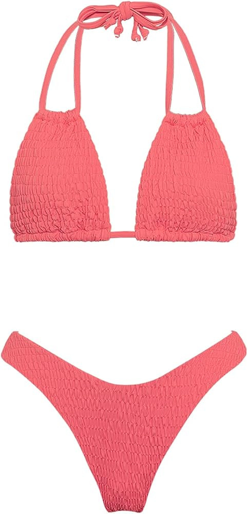 VOLAFA Women's Triangle Bikini String Swimsuit Solid Tie Smocked Ruched Two Piece Bathing Suit | Amazon (US)