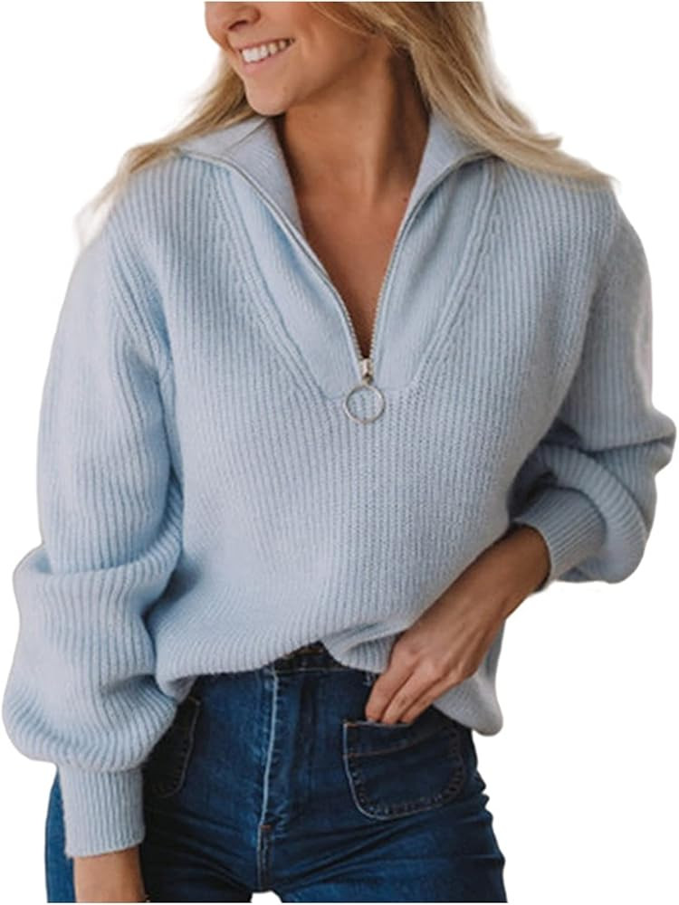 Sweaters for Women Oversized Zipper Lapel Long Balloon Sleeve Waffle Knit Sweater Casual Pullover... | Amazon (US)