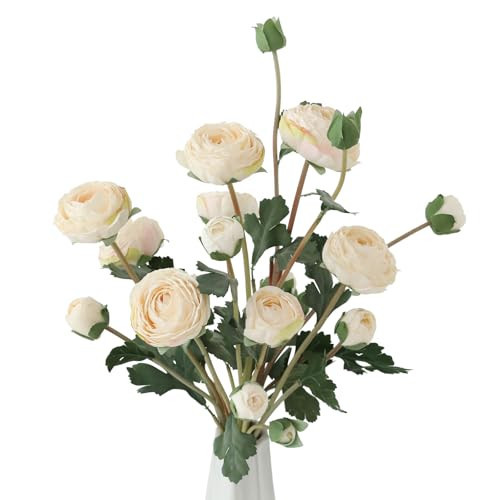 LILUYTO 6Pcs Realistic Silk White Ranunculus Artificial Flowers Long Stems, 23.6" Tall Fake Flowers Faux Flowers Suit for Year-Round Home Decoration, Wedding, Bridal Bouquets, Office | Amazon (US)