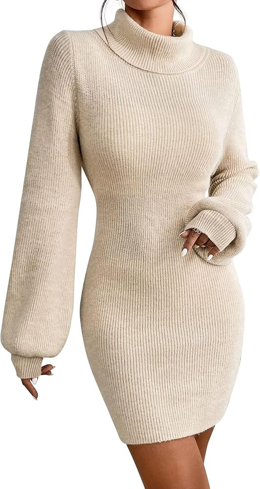 Turtleneck Sweater Dress for Women Lantern Sleeve Bodycon Pullover Mini Sweater Dress Stretchable... | Amazon (US)