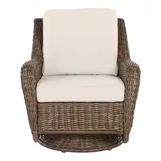 Hampton Bay Cambridge Brown Wicker Outdoor Patio Swivel Rocking Chair with CushionGuard Almond Ta... | The Home Depot