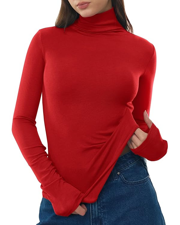 Women's Turtleneck Long Sleeve Merino Wool Blend Shirts Fitted Going Out Tops Basic Tees Cozy Emb... | Amazon (US)