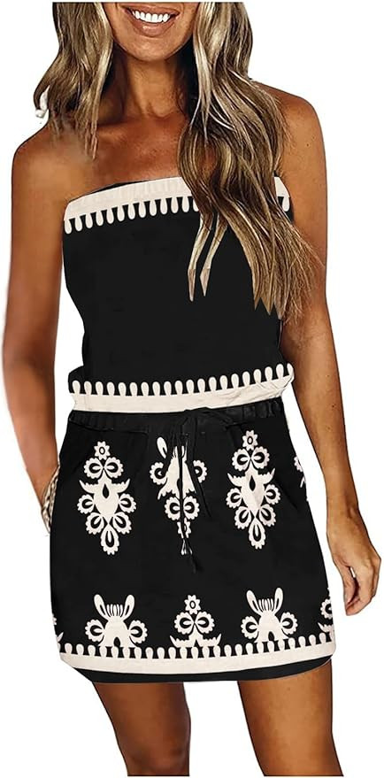 Summer Dress for Women Strapless Beach Cover Ups Boho Sundress Mini Dress Drawstring Waist with P... | Amazon (US)