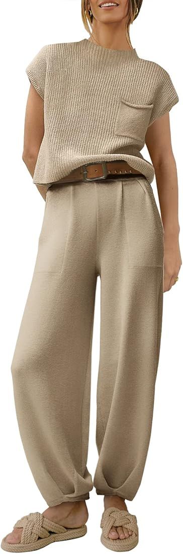 ANRABESS Women's Two Piece Outfits Sweater Sets Knit Pullover Tops and High Waisted Pants Tracksuit  | Amazon (US)