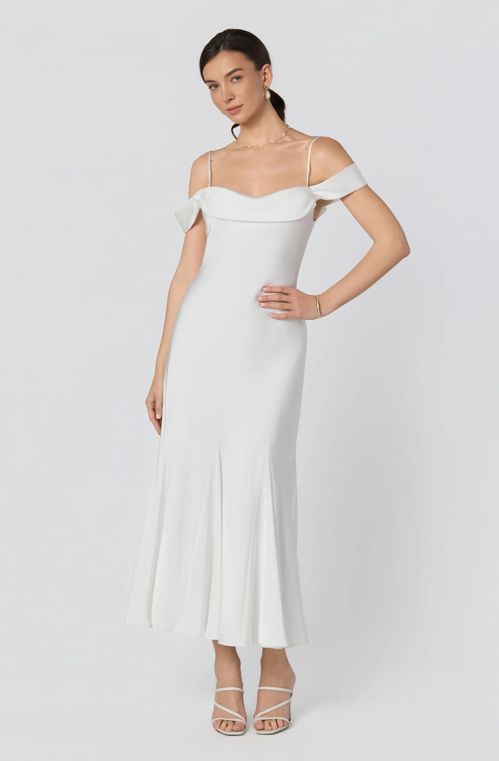 Araxie Satin Off-Shoulder Godet Midi Dress | ASTR The Label (US)