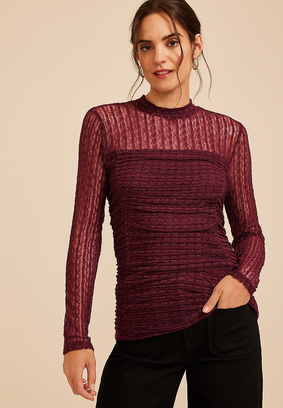 Studio Y Lace Ruched Mock Neck Top | Maurices