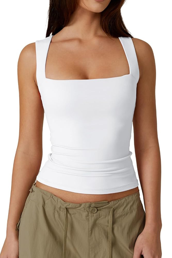 QINSEN Women's Square Neck Sleeveless Double-Layer Tank Tops Basic Tight T Shirts | Amazon (US)