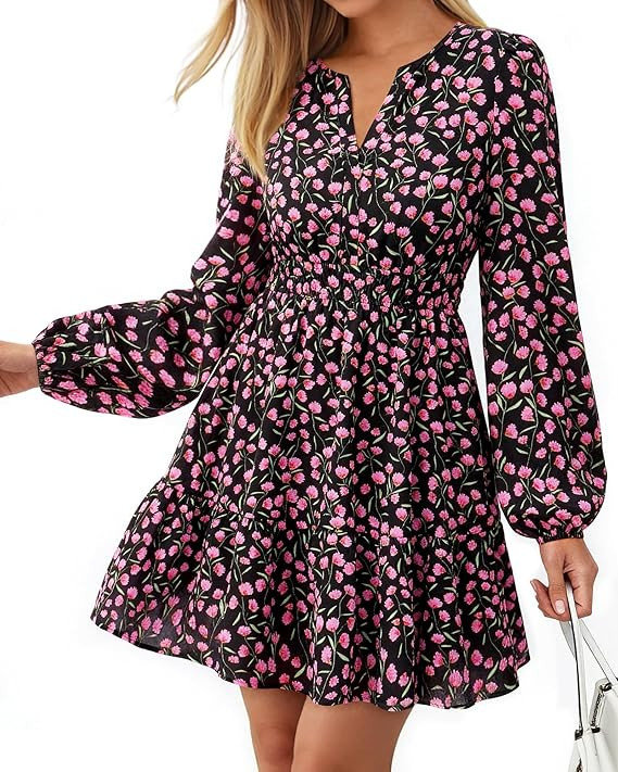 BTFBM Fall Dresses for Women 2025 Long Sleeve Elastic Waist Mini Wedding Guest Dress Boho Floral ... | Amazon (US)