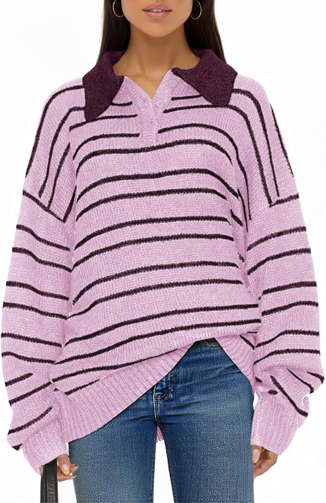 Saodimallsu Womens Striped Sweaters Button Collared Polo Shirts Oversized Long Sleeve Chunky Knit... | Amazon (US)