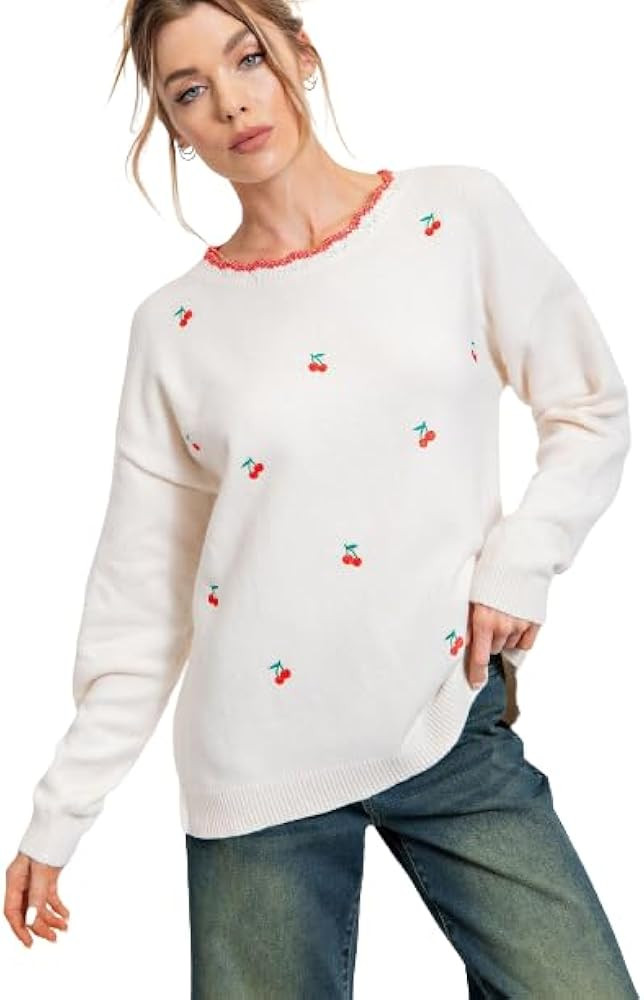 Easel Women's Sweater Long Sleeve Fun Embroidered Cherries Design Ribbed Cuffs and Bottom Band-Cr... | Amazon (US)