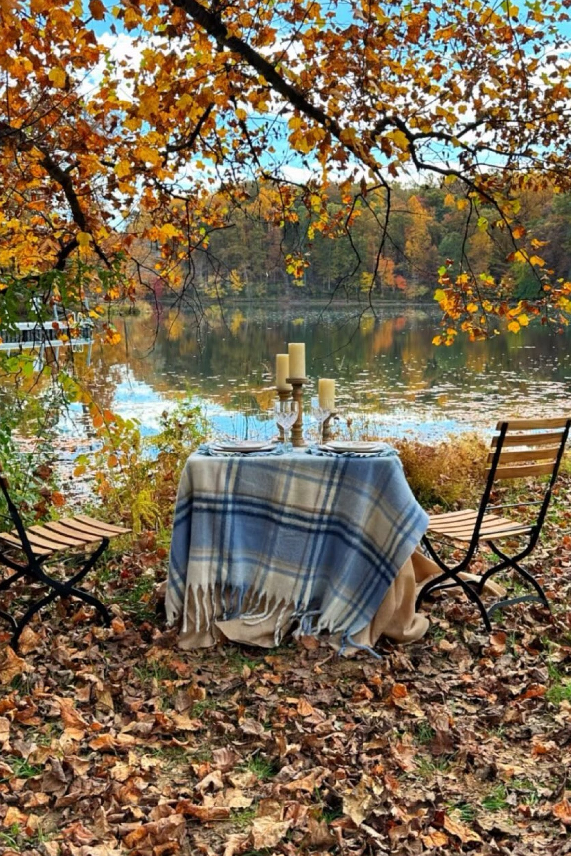 A fall table for two with blue accents and warm wood tones  

#LTKHome #LTKSeasonal