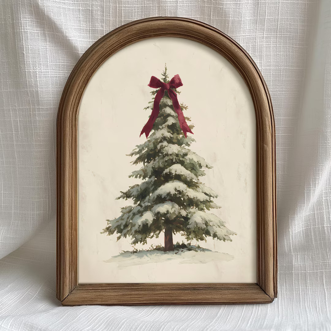 Christmas Tree Wall Art Printable Snowy Pine With Burgundy Bow Rustic Holiday Decor Winter Farmho... | Etsy (US)
