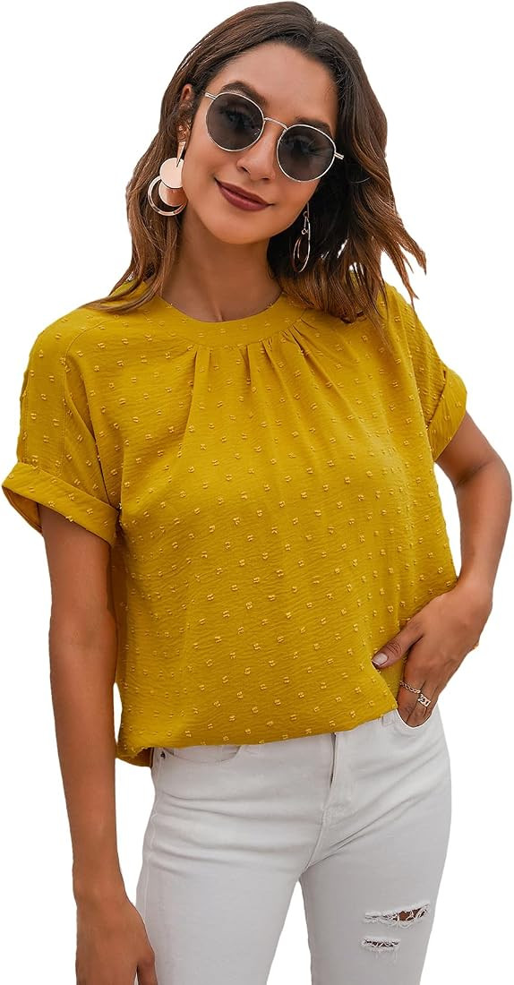 Romwe Women's Casual Swiss Dot Round Neck Pleated Short Sleeve Work Blouse Top Shirt | Amazon (US)
