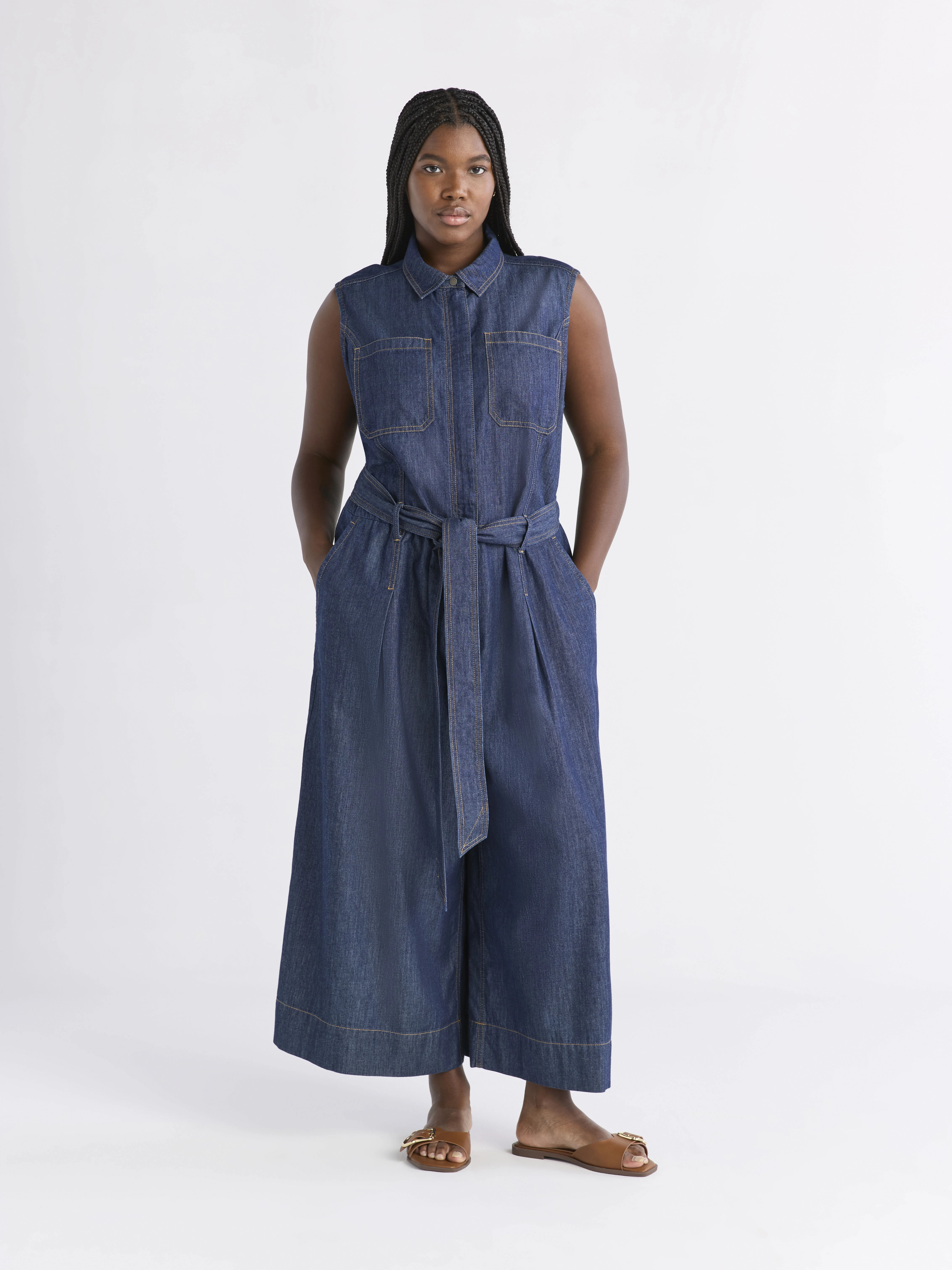 Free Assembly Women's and Women's Plus Chambray Wide Leg Cropped Jumpsuit, Sizes XS-4X | Walmart (US)