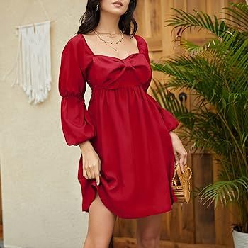 EXLURA Womens Casual Mini Dress Square Bow Neck Long Puff Sleeve Dress Empire Waist Boho Wedding ... | Amazon (US)