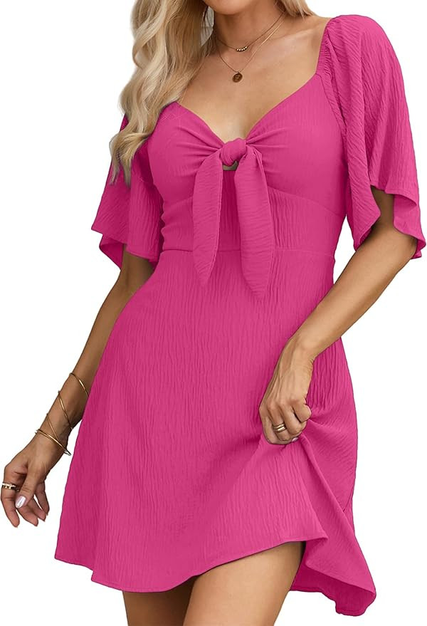 Dokotoo Womens Dresses 2024 Spring Summer Deep V Neck Elegant Bow tie Mini Dress S-XL | Amazon (US)