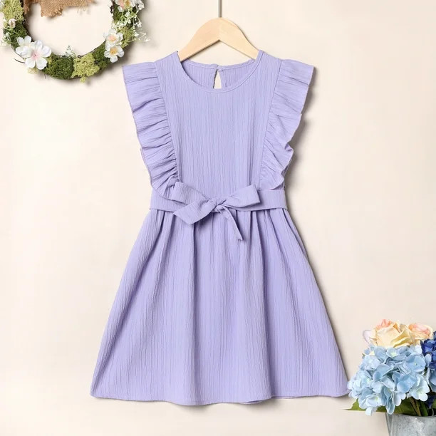 PatPat Kid Girl Ruffled Floral Purple Belted Sleeveless Dress,Sizes 4Y-12Y,One Piece | Walmart (US)