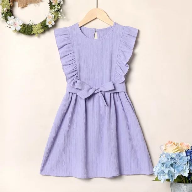 PatPat Kid Girl Ruffled Floral Purple Belted Sleeveless Dress,Sizes 4Y-12Y,One Piece | Walmart (US)