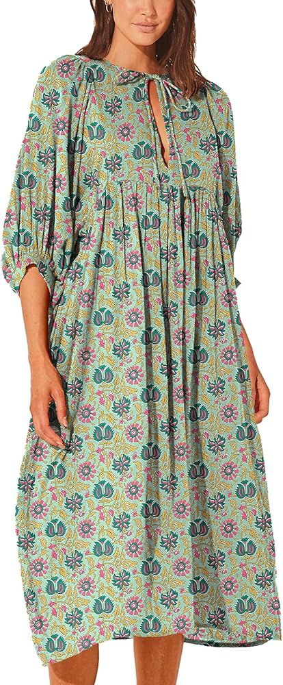 Casual Summer Dresses for Women Swing Floral Half Open Collar Boho Puff Sleeve Loose Midi Beach D... | Amazon (US)