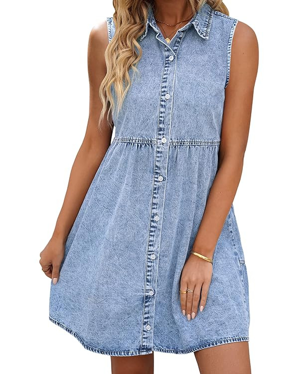 LookbookStore Denim Dress for Women Sleeveless Babydoll Button Down Short Jean Dresses Cute Summe... | Amazon (CA)