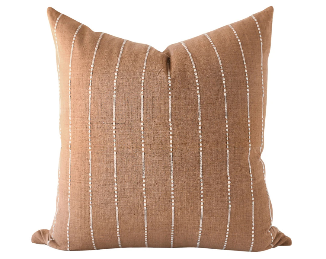 Rust and white Stripe Linen Throw Pillow Cover, Brown Throw Pillow, Boho Pillow Cover, Textured P... | Etsy (US)