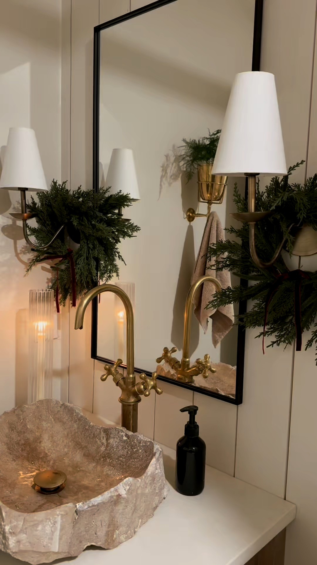 Small bathrooms can be beautiful too! I sourced my stone sink locally but I linked several I found online. Christmas bathroom. Bath towels are cariloha and they are 40% off through December with code KRISTINA40 

#LTKHome #LTKGiftGuide #LTKHoliday