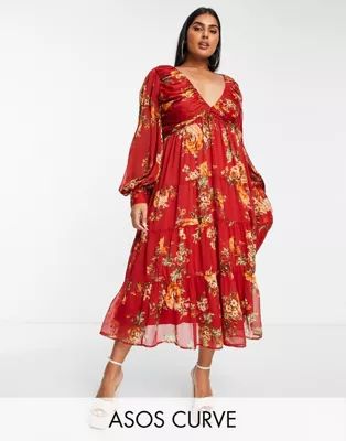 ASOS DESIGN Curve pleated bodice midi dress with lace up back detail in floral print | ASOS (Global)