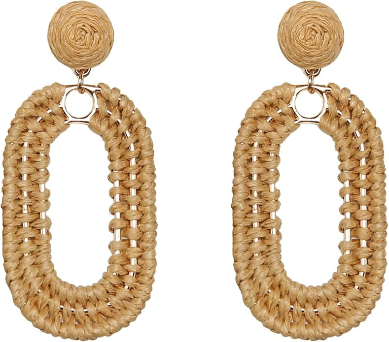 Raffia Oval Earrings for Women - Boho Woven Rattan Earrings for Summer Beach - Tropical Vacation ... | Amazon (US)