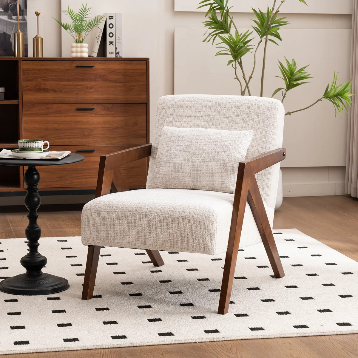 Juriana Mid Century Modern Upholstered Solid Wood Accent Armchair with an Extra Pillow | Wayfair North America