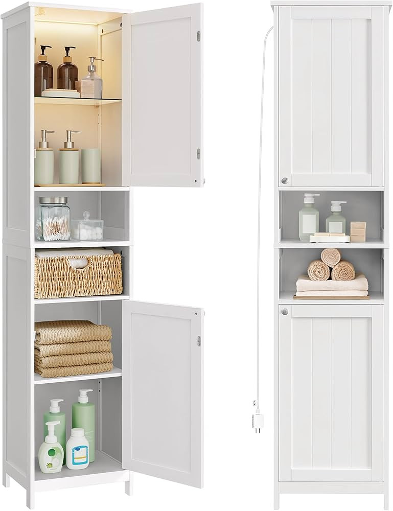 VASAGLE Tall Bathroom Cabinet with Lights, Slim Bathroom Storage Cabinet, Freestanding Narrow Cab... | Amazon (US)
