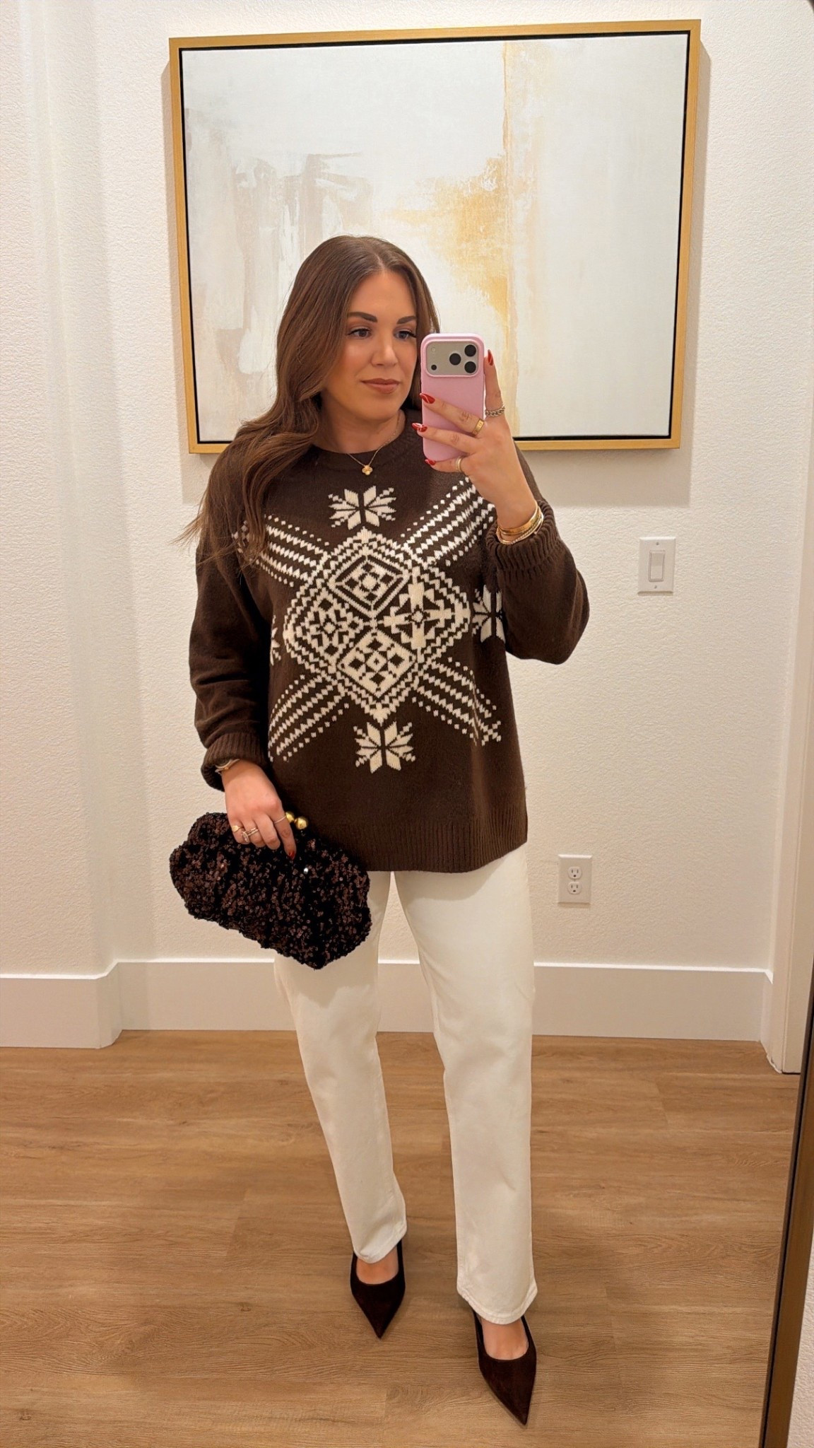 curvy midsize chocolate brown and white date night look! wearing size large in fairisle sweater and size 30 in denim. entire look on sale!

#LTKSeasonal #LTKMidsize #LTKSaleAlert