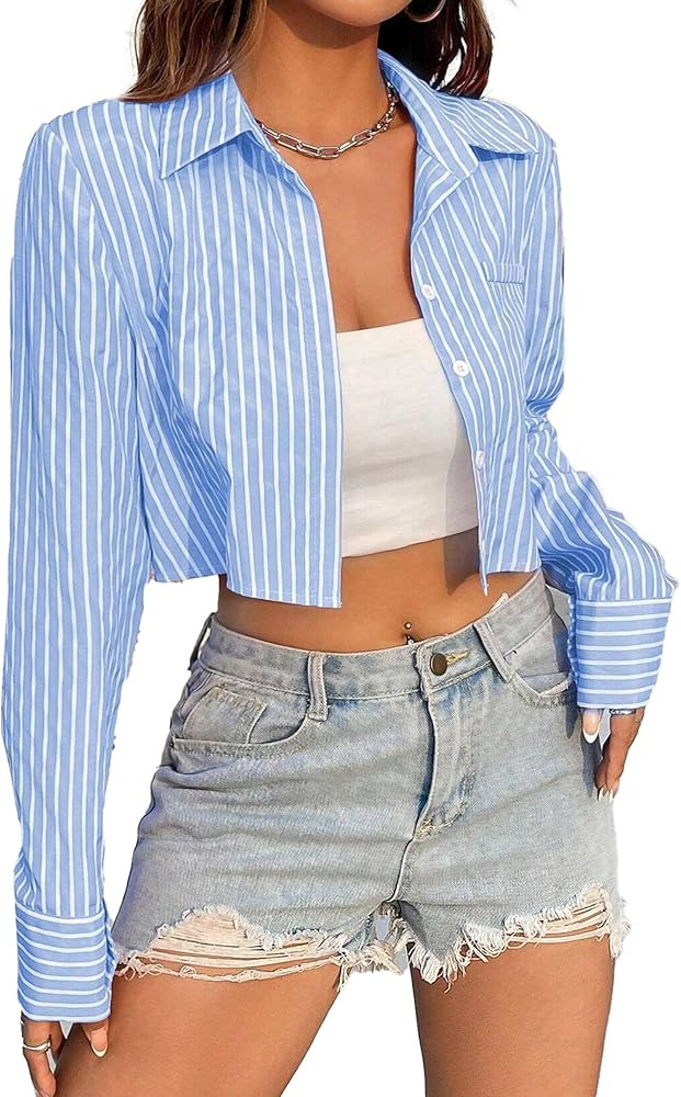 Avanova Women Striped Button Down Crop Top Collared Neck Long Sleeve Blouses Shirt | Amazon (US)