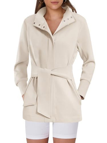 ANRABESS Women's Jacket Belted Long Sleeve Wrap Trench Coat 2025 Fall Winter Casual Dressy Travel Outerwear with Pockets Apricot X-Large | Amazon (US)