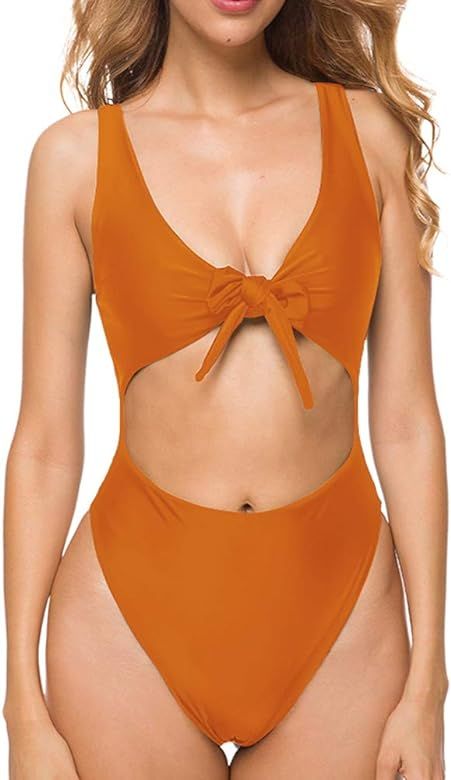 SARA SWIM Women High Waisted Cut Out Thong One Piece Swimsuit Tie Front Bathing Suit Monokini | Amazon (US)