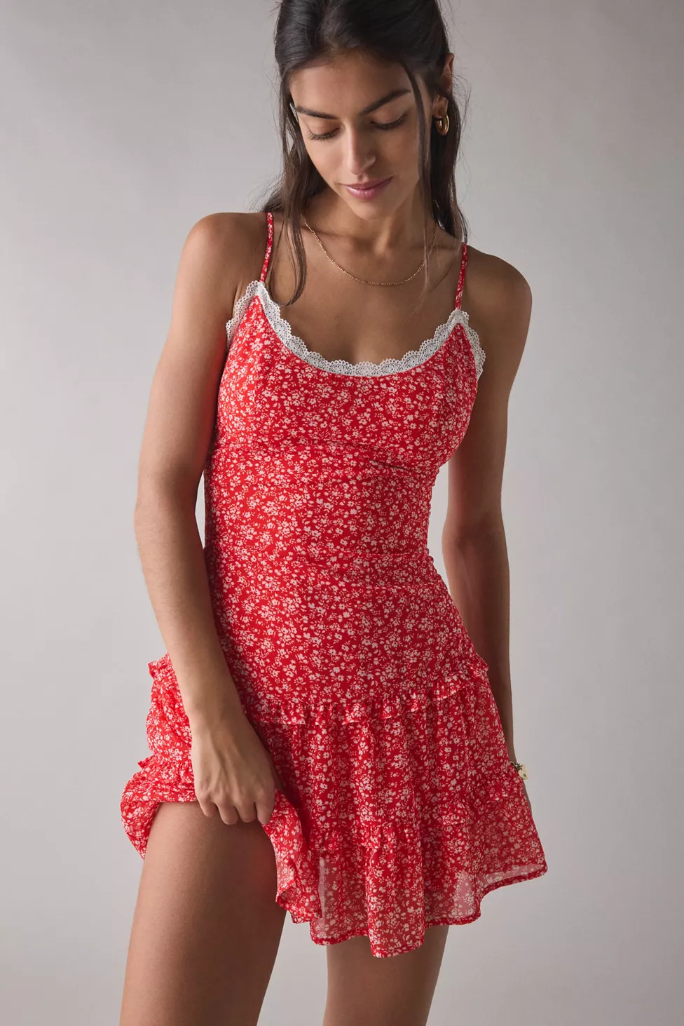 Kimchi Blue Cleo Lace Trim Chiffon Slip Mini Dress | Urban Outfitters (US and RoW)