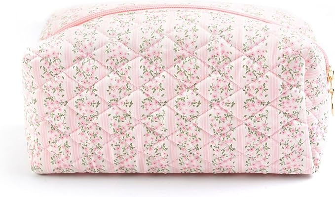 Floral Makeup Bag, Cute Quilted Makeup Toiletry Bag, Zipper Cosmetic Pouch, Daily Travel Use Skin... | Amazon (US)