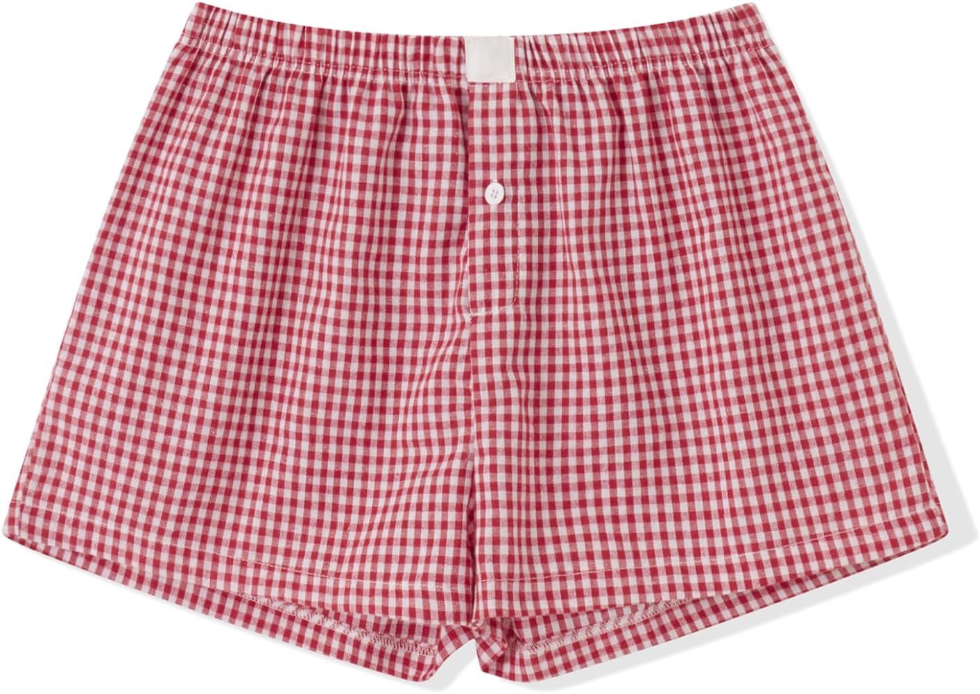 Meihuida Women Gingham Boxer Shorts Y2k Cute Stripes Plaid Button Elastic Waist Lounge Boxers | Amazon (US)