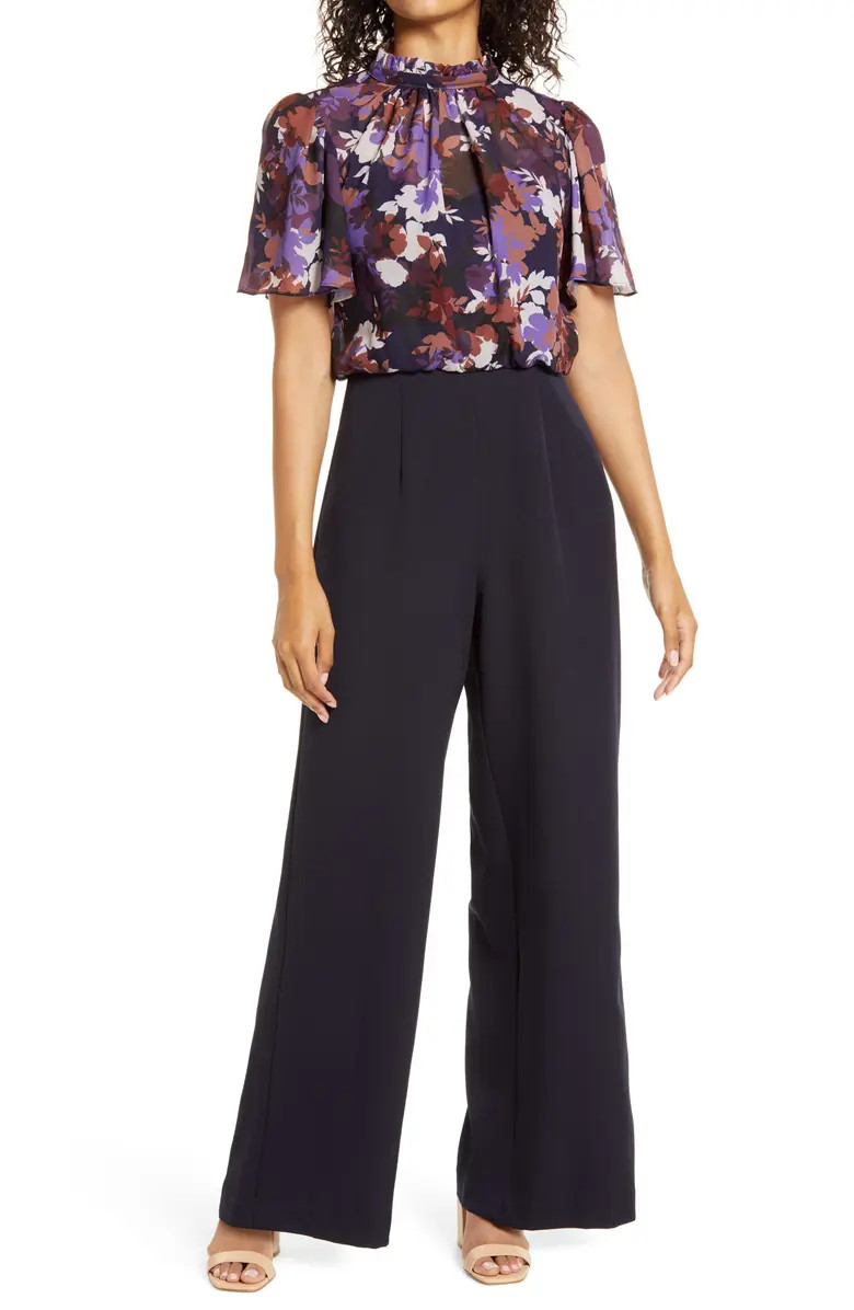 Floral Bodice Chiffon & Crepe Jumpsuit | Nordstrom