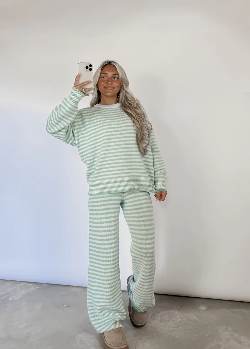 Bound To Be Cozy Striped Sweater & Wide Leg Pant Set - Aqua/Lt. Blue | CK Squared Boutique