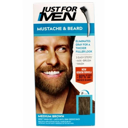 Just For Men Mustache & Beard, Beard Coloring for Gray Hair with Brush, With Keratin (M-35), Medium Brown | Walmart (US)