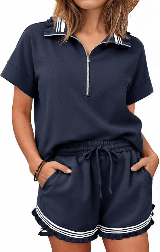 Aoysky 2 Piece Outfits Short Sets for Women Sweatsuit Casual Tracksuits Summer Half Zip Ruffle To... | Amazon (US)