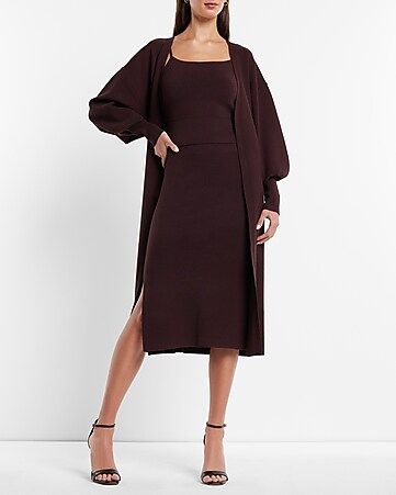 Three Piece Set: Belted Duster + Sweater Cami + Side Slit Midi Skirt | Express