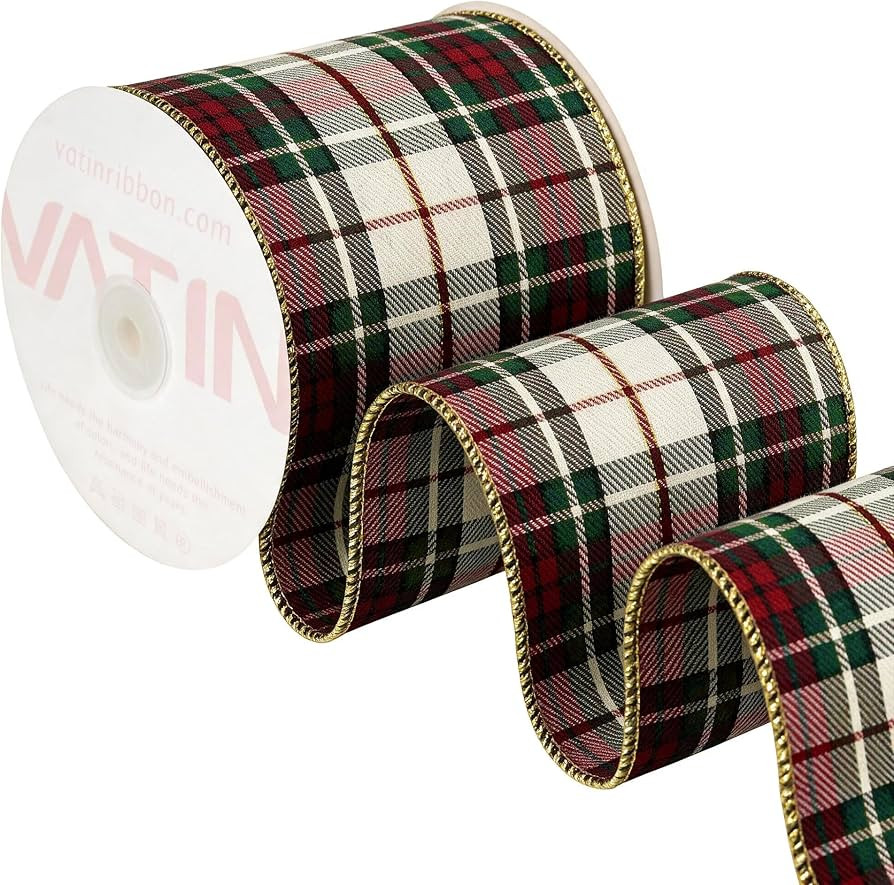VATIN Red Green Cream Tartan Wired Ribbon,4 in x 10 Y,Christmas Gift Decor | Amazon (US)