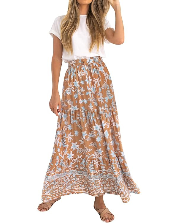 ZESICA Women's 2025 Summer Bohemian Floral Printed Elastic Waist A Line Maxi Skirt with Pockets | Amazon (US)
