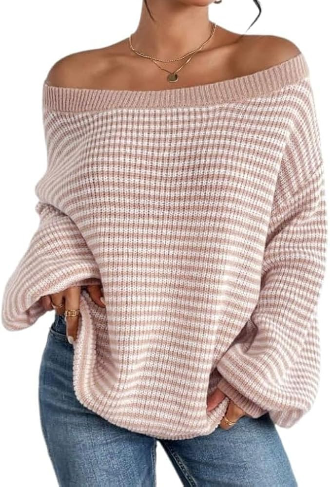 Women's Oversized Striped Sweater Casual Off The Shoulder Sweater Fall Long Sleeve Loose Knit Pul... | Amazon (US)