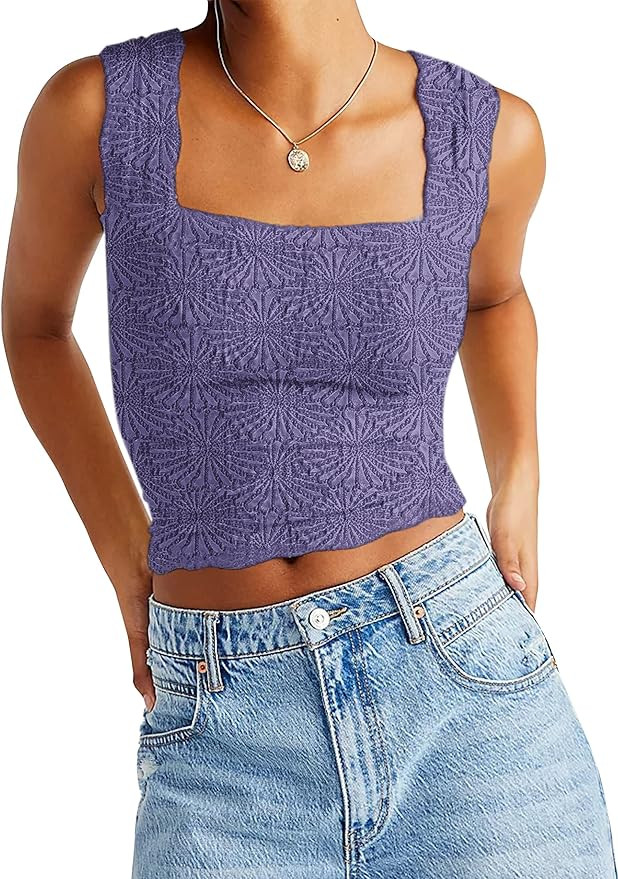 AIHUKOCY Women Square Neck Wide Strap Floral Crop Tank Top Sleeveless Lettuce Trim Solid Slim Cro... | Amazon (US)