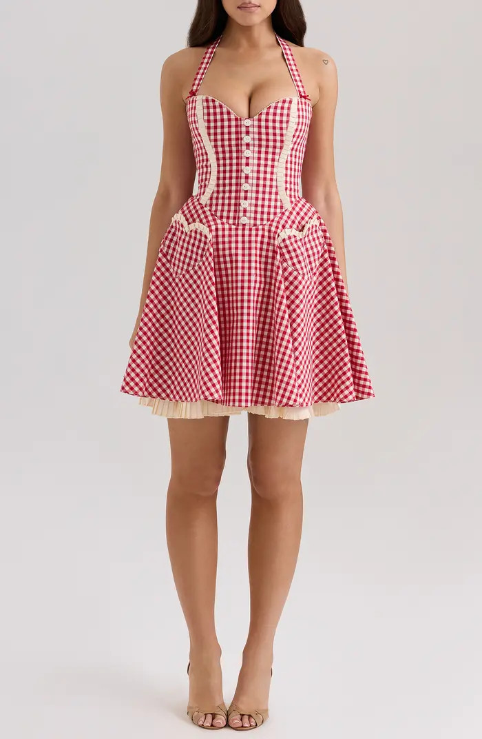 HOUSE OF CB Heidi Fit & Flare Gingham Halter Minidress | Nordstrom | Nordstrom
