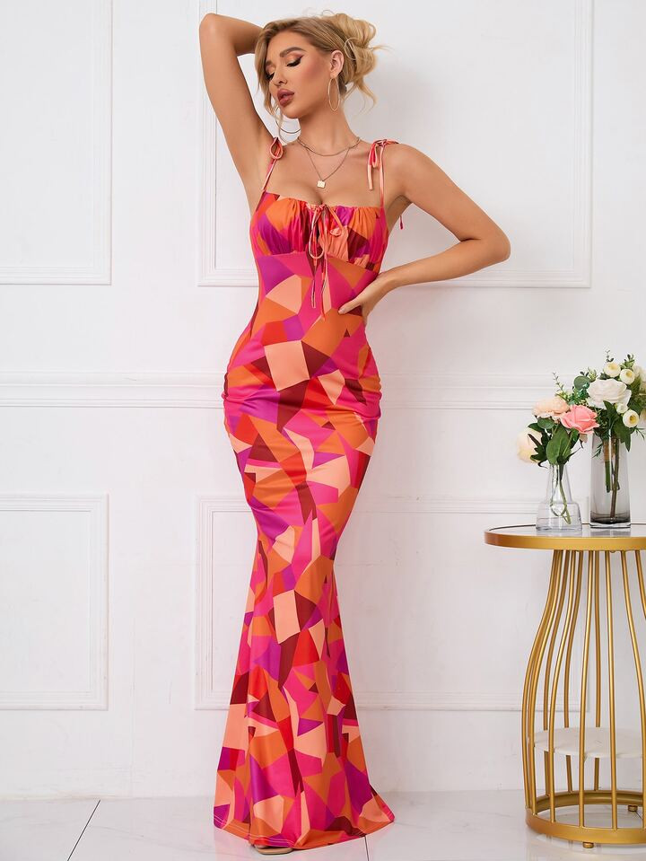 PARTHEA Ruched Bust Tie Shoulder Fishtail Hem Geo Print Maxi Prom Dress | SHEIN